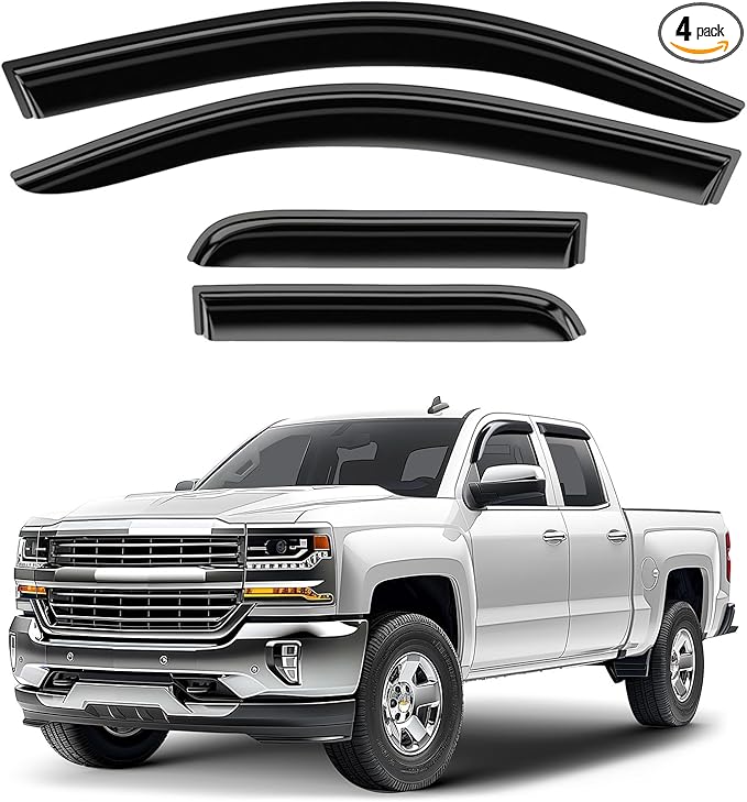 Window Deflectors Smoke Tinted Tape-On Side Window Vent Visor Deflectors Rain Guards Compatible with Chevrolet (Chevy) Silverado/GMC Sierra 1500 2014-2018 Double Cab - 4pcs. GW0948