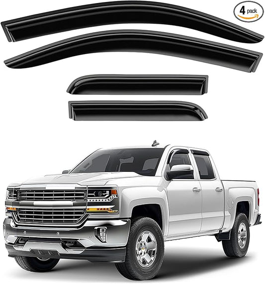 Window Deflectors Smoke Tinted Tape-On Side Window Vent Visor Deflectors Rain Guards Compatible with Chevrolet (Chevy) Silverado/GMC Sierra 1500 2014-2018 Double Cab - 4pcs. GW0948