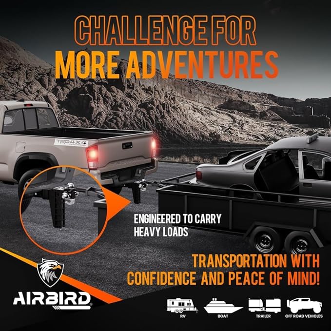 Airbird Adjustable Trailer Hitch Fits 2-Inch Receiver, Heavy Duty Tow Hitches (17000 LBS GTW) 8 Inch Drop Truck Hitch Tri-Ball Mount with Hook (1-7/8" x 2" x 2-5/16")…