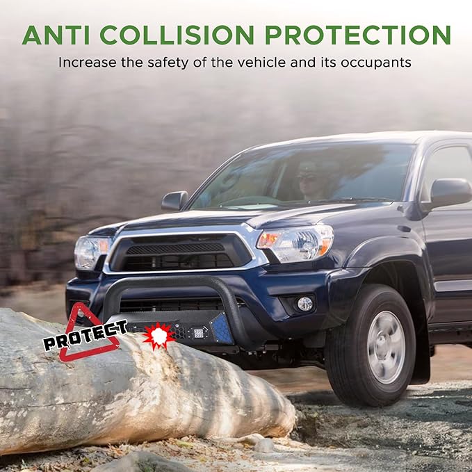 Bull Bar Fit for Toyota Tacoma 2nd gen 05 06 07 08 09 10 11 12 13 14 15 with LED Light & w/License Plate Bracket DIY Paintable Truck Front Bumper Brush Push Bar Front Grille Guard Protector