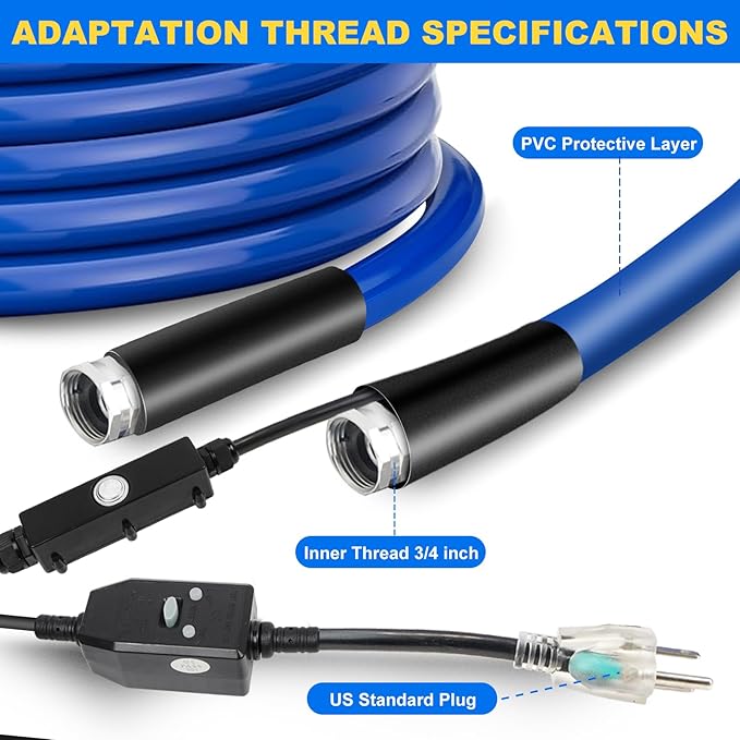 BHB Upgraded 50 FT Heated Water Hose 5/8" ID Compatible with RV -45 ℉ Antifreeze Energy Saving Thermostat RV Accessories, with 4 Types of Adapters