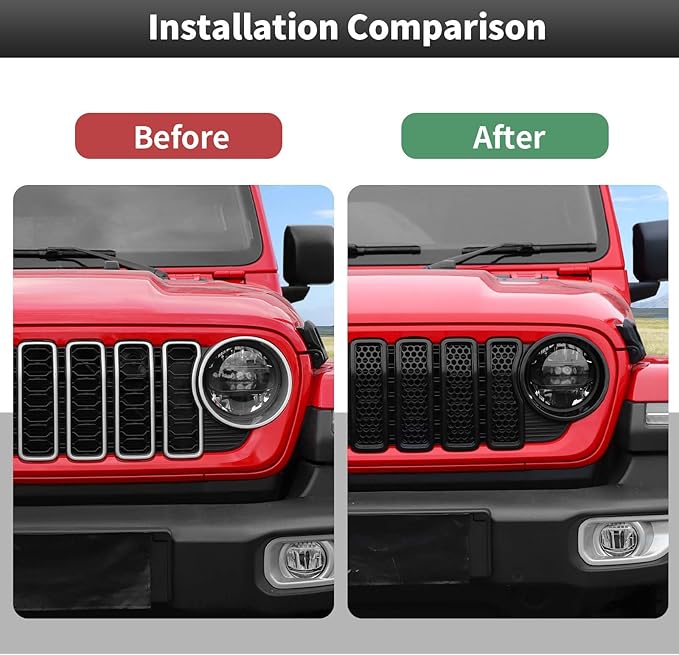 CheroCar for JL Mesh Front Grille Insert & Headlight Turn Light Cover Trim Exterior Accessories for Jeep Wrangler JL 2024+