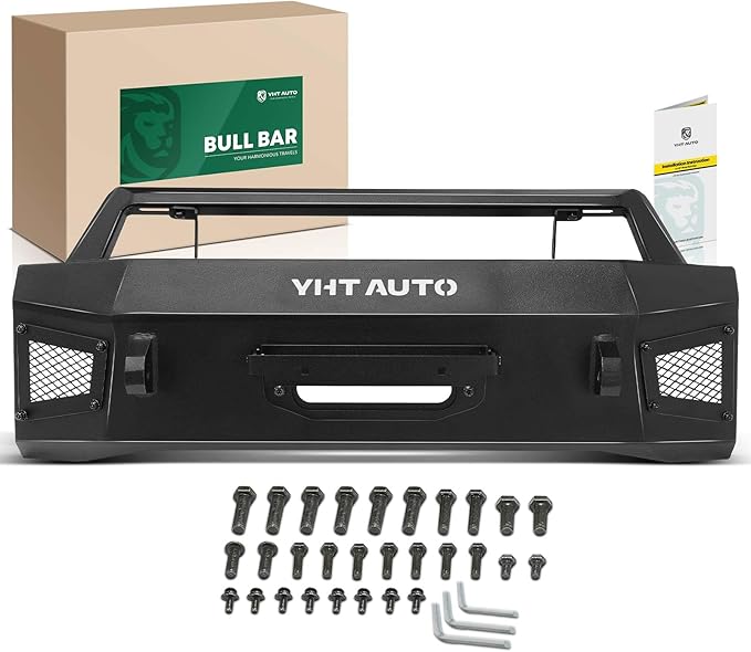 YHTAUTO Bull Bar Push Bar with Skid Plate Light Mount Fit Toyota 4Runner 2014-2024, Heavy Duty Steel Brush Guard for Truck Front Bumper w/Winch Frame Textured Black Off Road Accessories