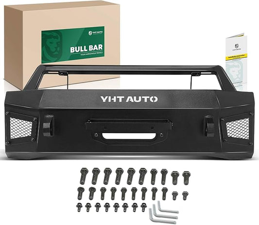 YHTAUTO Bull Bar Push Bar with Skid Plate Light Mount Fit Toyota 4Runner 2014-2024, Heavy Duty Steel Brush Guard for Truck Front Bumper w/Winch Frame Textured Black Off Road Accessories