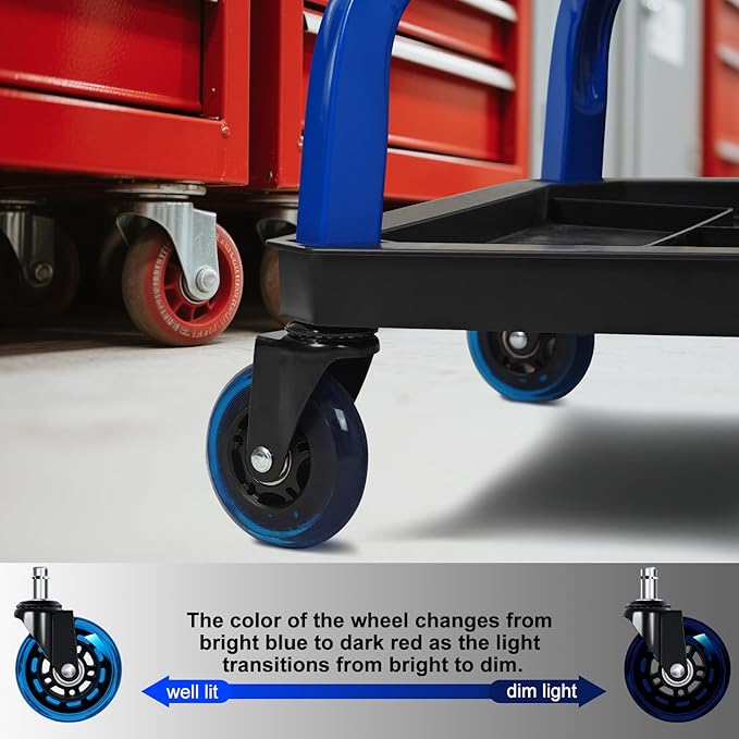 Rolling Stool with Blue Wheels,Heavy Duty Garage Work Mechanic Rolling Shop Stool with Backrest, Adjustable Height 360°Swivel Roller Mechanic Chair with 2 Tool Trays, 330 LBS Capacity
