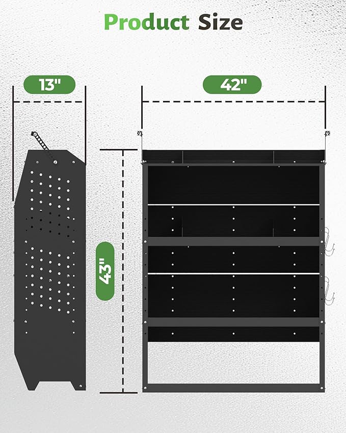 StarONE Cargo Van Shelving Storage Fit for Transit Connect 2014+,NV200,Chevy City Express, Promaster City with S-Shaped Hooks,Black,Steel,32" W x 43" H x 13" D