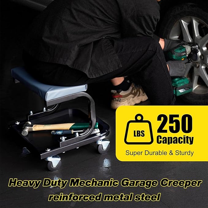 Mechanic Rolling Stool with Wheels, Car Creeper Seat with Large Tool Tray Storage for Auto Repair Shops, Garage Shop Stool on Wheels for Men, Padded Mechanic Chair, 250 LBS Capacity, Grey