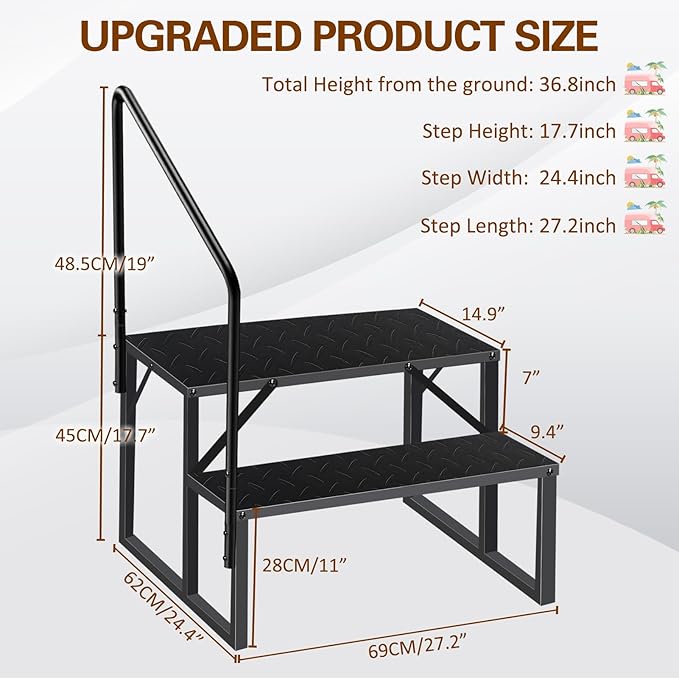 2 Step RV Steps with Handrail, Upgrade RV Stairs with Platform, 660lbs Anti-Slip Hot Tub Steps Spa Steps Step Ladder Outdoor Steps for Camper/Spa/Porch/Pet/Mobile Home(2 handrails)