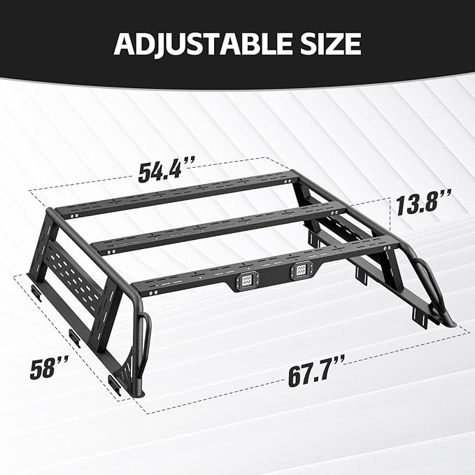for F150 13.8" High Full-Size Overland Bed Racks Truck Cargo Carrier with 2 LED Lights Compatible with 1992-2025 Ford F150 with Bed Rails, 750 LBS Truck Rear Ladder Rack Back Cross Bars