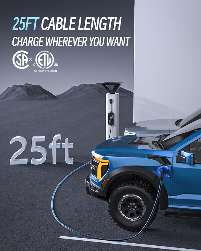 Level 1/2 EV Charger for SAE J1772, 32A 110-240V Portable EV Charger with NEMA 14-50/NEMA 5-15 Plug, 25ft Cable ETL Listed Electric Vehicle Charger for J1772 Electric Cars