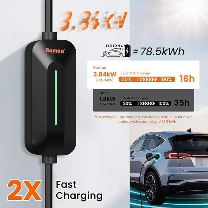 Level 1 and Level 2 Portable EV Charger J1772 16A - Dual Voltage 120V 240V Home Charging Station, 3.8 kW, Adjustable 8 to 16A, FCC Part 15, NEMA Type 3R, 25 ft, PHEV Ready