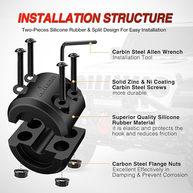 Nilight Winch Stopper for ATV UTV Truck SUV Winch Cable Hook Rubber Stopper 2 Pack Protect Towing Hook Synthetic Rope Winch Accessories Rope Line Saver with Stainless Steel Screws Allen Wrenc, Black