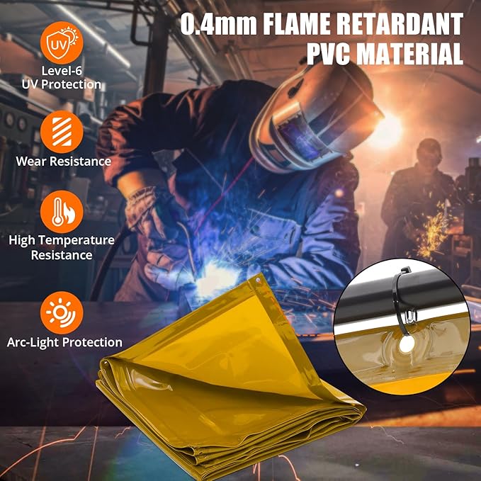 3 Panel 8x6 FT Vinyl Welding Screen with Frame, Flame-Resistant PVC Welding Curtain with Lockable Swivel Wheels, Transparent Welding Screen Panel for Welding Safety, Yellow