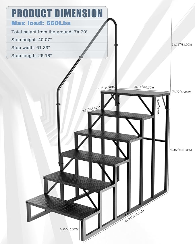 RV Steps with Handrail｜6 Step RV Stairs with Handrail｜Update 3.0 Outdoor RV Ladders with Anti-Slip Pedals｜Mobile Home Stairs for Travel Trailers｜Heavy Duty Camper Steps for Camper, Porch, Spa