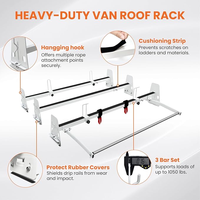 Van Roof Ladder Rack, 3 Adjustable Crossbars (48"-67") with Rain Gutter Mounts, Compatible with Chevy Express 1500/2500/3500, Ford Econoline, and GMC Savana Cargo Vans with Rear Roller