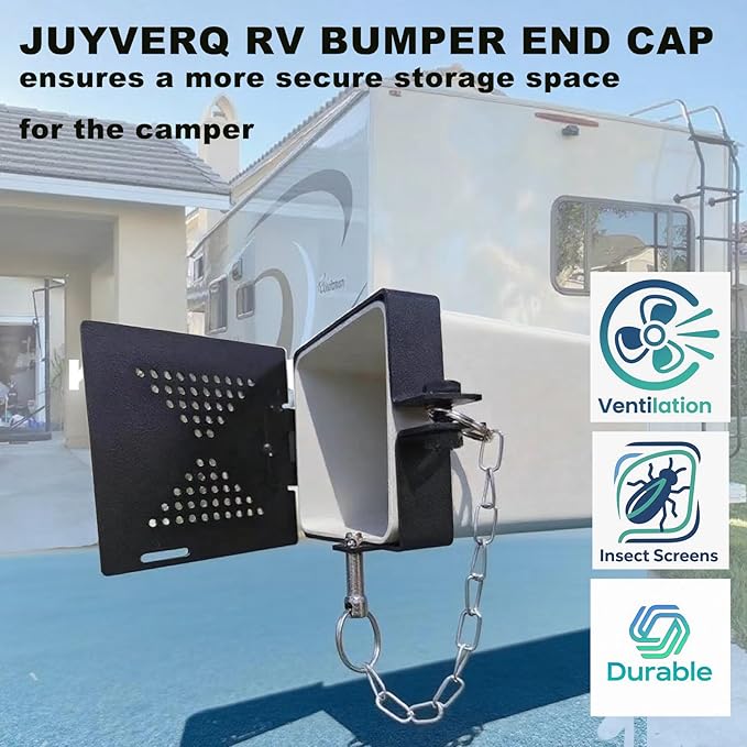 2 Pack RV Bumper End Cap, Premium Steel RV Bumper Cap, Fits Standard 4-Inch Square Camper Bumpers, No-Insect Vent Holes, Secure Sewer Hose Storage, Travel Trailer Must-Have