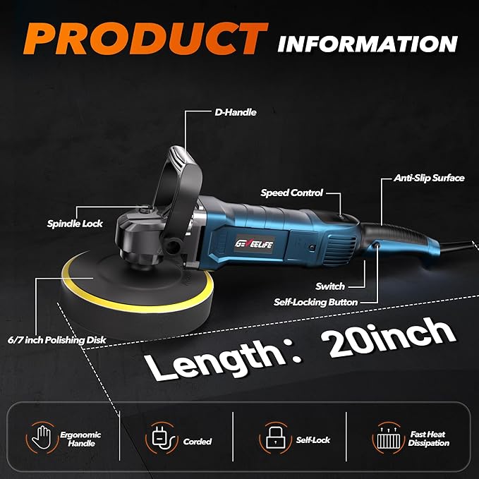 GEVEELIFE Buffer Polisher, 6 Inch/7 Inch 1600W Rotary Car Buffer Polisher Waxer, 7 Variable Speed 1000-3500 RPM, Detachable Handle for Car, Boat Sanding, Polishing, Waxing
