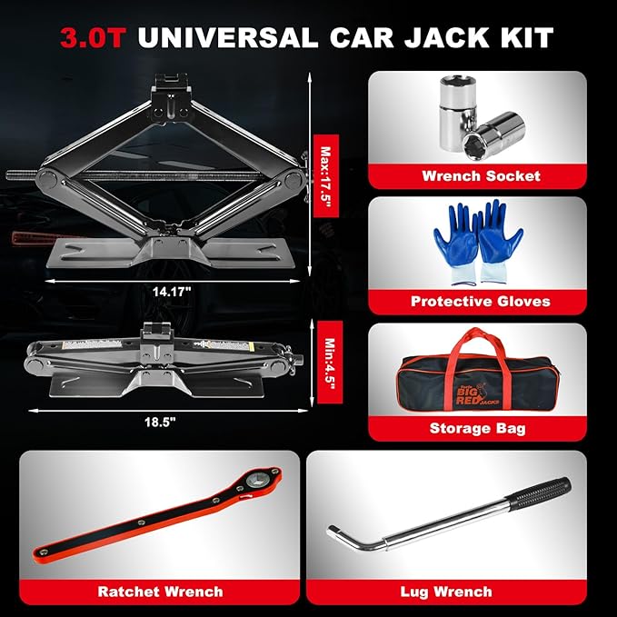 Big RED Car Jack 3Ton/6610 lbs Universal Scissor Jack with Rubber Pad, Portable Tire Changing Kit with Lug Wrench, Emergency Kit for Sedan SUV MPV