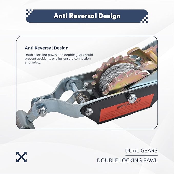 2 Ton Power Puller, 2 Hook Steel Cable Dual Gear Power Ratchet Come Along Winch,Heavy Duty Hand Cable Puller,4,400LBS