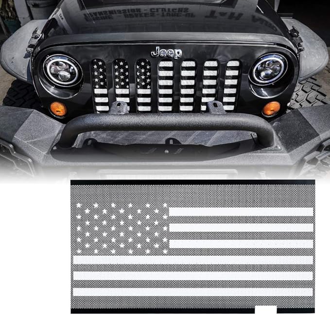 Xprite Aluminum Alloy Grill Insert Mesh with Black & White America U.S Flag Compatible with 2007-2018 Jeep Wrangler JK Stock Grille