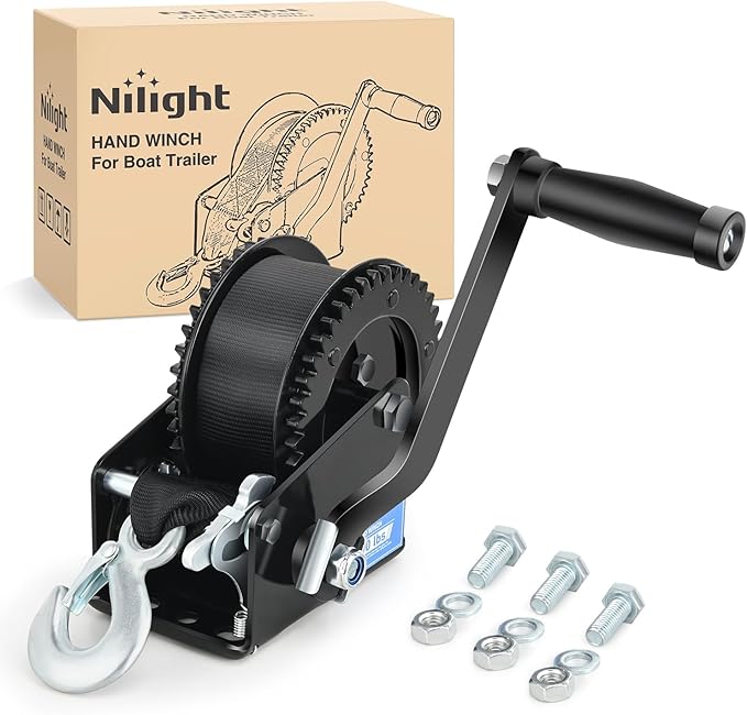 Nilight Boat Trailer Winch 2000 Lbs Hand Crank Winch Heavy Duty Boat Winches with 23Ft Strap Rope Hook 2-Way Ratchet 4:1 Gear Portable Marine Manual Winch for Trailers Boats RV ATV Jet Ski Towing