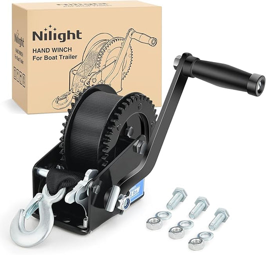 Nilight Boat Trailer Winch 2000 Lbs Hand Crank Winch Heavy Duty Boat Winches with 23Ft Strap Rope Hook 2-Way Ratchet 4:1 Gear Portable Marine Manual Winch for Trailers Boats RV ATV Jet Ski Towing