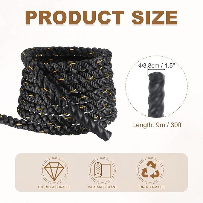 MECCANIXITY Battle Rope 30ft x 1.5 Inch Polyester Workout Rope Heavy Fitness Exercise Rope for Strength Training Home Gym Muscle Building, Black Yellow