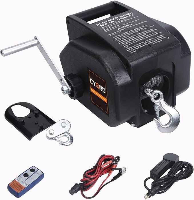 Portable Trailer Winch, Reversible Electric Winch 12V DC, Power-in, Power-out and Freewheel Operations for Boats 2000 lbs with Wireless Remote Control and Hand Crank