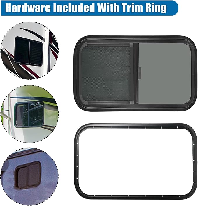 Horizontal RV Window, 21" W x 14" H Tinted Sliding RV Window with Net Screen and Trim Ring, Suitable for 15/16" or 1-3/8" and Slightly Thicker Up to 1/16" Walls, DOT Approved