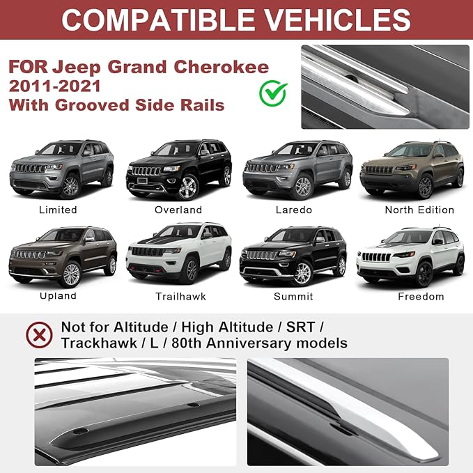 KINGGERI Lockable 260lbs Roof Racks Cross Bars Fit for Jeep Grand Cherokee 2011-2021 with Grooved Side Rails(NOT for Raised Side Rails), Heavy Duty Anti-Theft Aluminum Rails Crossbars Cargo Kayak