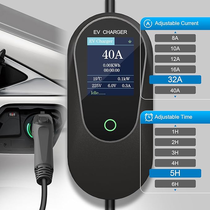 40 Amp Level 2 / Level 1 Portable EV Charger Station for SAE J1772 EV Cars (240 Volt, 25ft Cable), FCC and UL Certified, with NEMA 14-50 Plug and 5-15 to 6-20 Plug Options and J1772 to Tesla Adapter