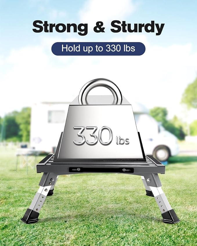 XINQIAO Foldable RV Step Stool with Rubber Feet, 4 Adjustable Heights Portable Heavy Duty Aluminum Folding Step for RV Entry, Trailer, Camper, Fishing and Outdoors