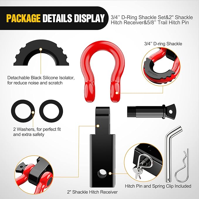 Nilight Shackle Hitch Receiver 2Inch 45000 LBs Breaking Strength 3/4" D Ring Shackle w/Trailer Hitch Pin Heavy Duty Solid Recovery Towing Kit for Trucks Jeeps Off-Road