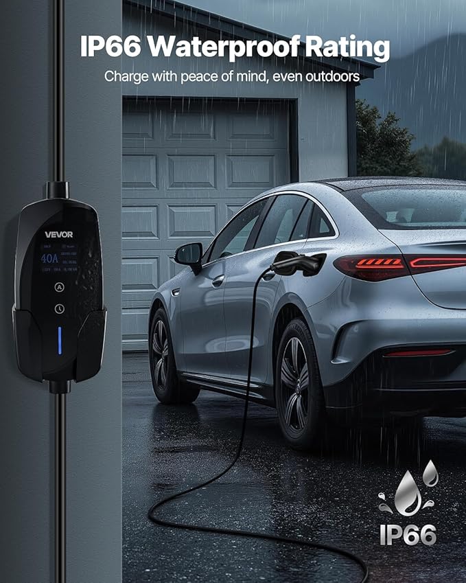 VEVOR Level 2 EV Charger, 40 Amp Adjustable Current, 240V Electric Vehicle Portable Charger with 25 ft Charging Cable, LCD Display, NEMA 14-50P Plug, Plug-in Home Car Charging Station for SAE J1772 EV