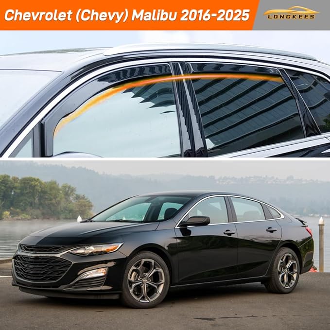 in-Channel Window Visors Rain Guards FIT Chevrolet (Chevy) Malibu 2016-2025 (2016-2025) – 4-Piece in-Channel Dark-Smoke Polycarbonate Vent Deflectors
