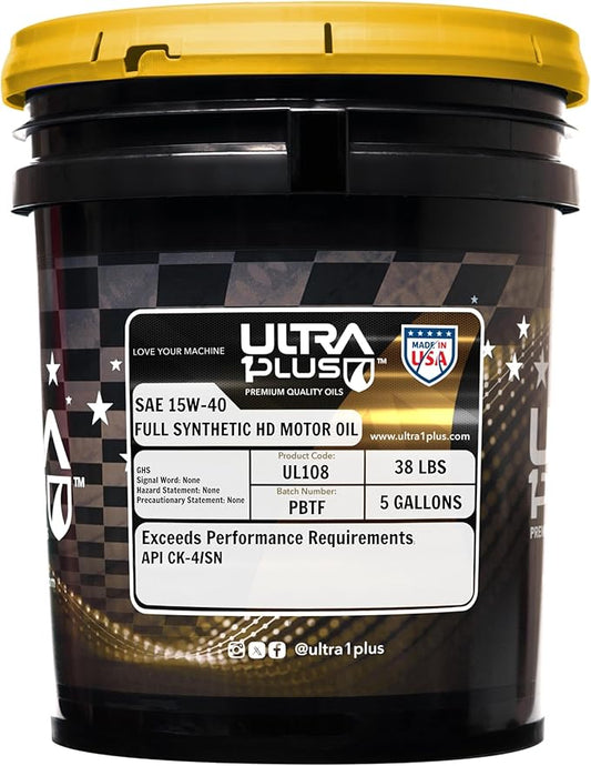 Ultra 1Plus SAE 15W-40 Full Synthetic Heavy-Duty Diesel Engine Oil - 15W 40 Motor Oil API CK-4/SN (5 Gallon Pail)
