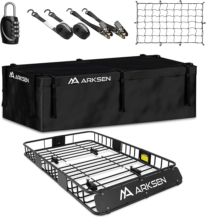 ARKSEN 64 x 39 x 6 Inch Heavy Duty 150LB Roof Rack Cargo with 500D Waterproof Cargo Bag, Net & Ratchet Strap, Car Top Luggage Holder Basket for SUV, Truck or RV Camping Storage Steel Construction