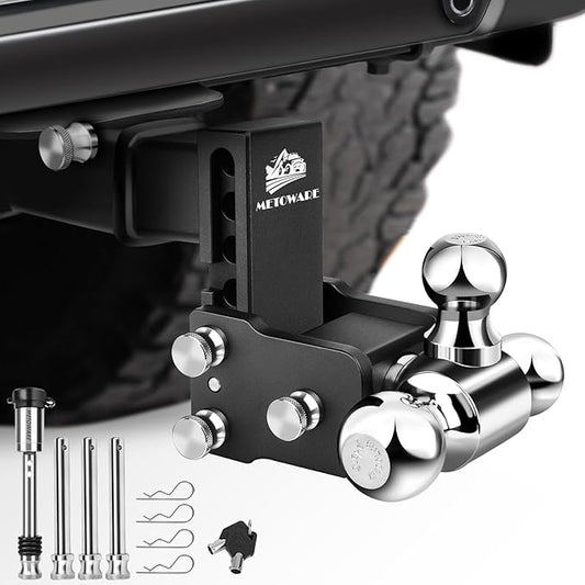 METOWARE Adjustable Trailer Hitch Ball Mount-Fits 2.5" Receiver-Heavy Duty Drop Hitch, Tri-Ball (1-7/8" x 2" x 2-5/16") 4" Drop/Rise, 18,000 GTW and Anti-Theft Stainless Steel Lock