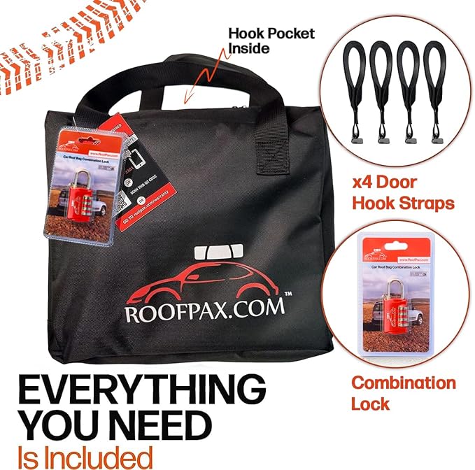 RoofPax 23 cft. Extra Waterproof Rooftop Cargo Carrier Bag, Double Weatherproof Zippers,10 Heavy-Duty Tie-Down Straps fit Cars with/Without a Rack or Side Rails, Safety Hooks Included