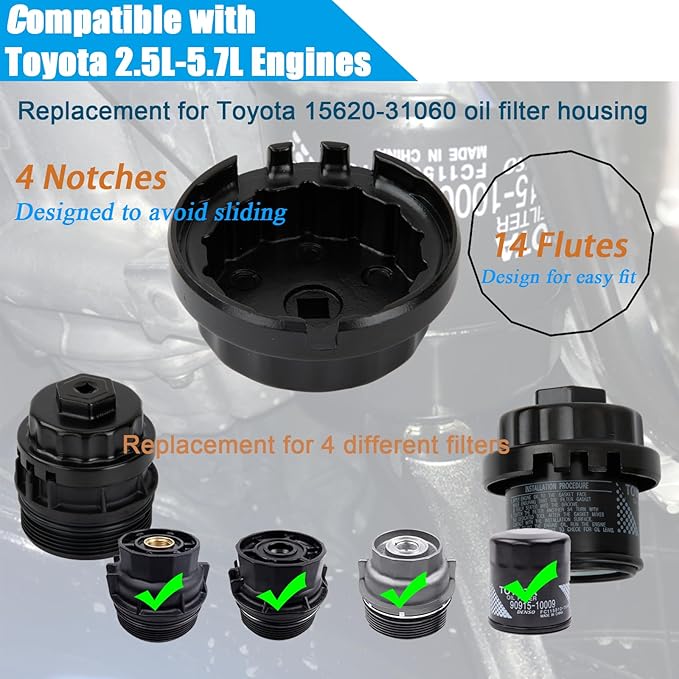 64mm 14 Flute Oil Filter Wrench, 4 Slots Oil Filter Cap Removal Tool Replacement for Lexus, Camry, Tundra, 4Runner, Highlander, RAV4 Vehicles 2.5-5.7L Engine