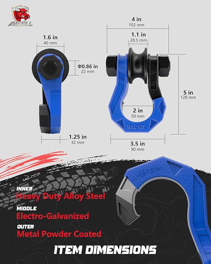 D Ring Separate Shackle with Snatch Block 2 Set, 3/4" Shackles w/Snatch Block Pulley, Heavy Duty Shackle for Towing Winch, Pulley for Off-Road Vehicle Recovery, Truck, ATV, UTV, BlackBlue