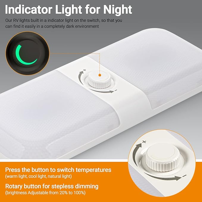 CT CAPETRONIX RV Lights Interior 1700LM, 3 Color TEM Camper Lights, Dimmable 12v Volt Led Lights Fixture, Ceiling Dome Light w Switch for Camper/Car/Trailer/Boat (Warm Cool Natural White) 2Pack