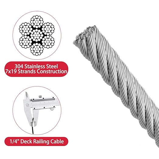 1/4" Stainless Steel Cable,7x19 Strand Aircraft Wire Rope,Cable for and Outdoor Pulley Cables,Breaking Strength 6400 Ibs (1, 200FT)