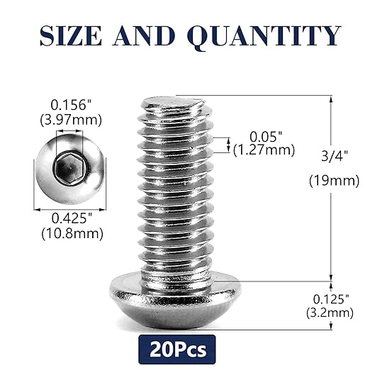 1/4-20 x 3/4" Button Head Socket Cap Bolts Screws, 20Pcs 304 Stainless Steel 18-8, Allen Hex Drive, Bright Finish by SG TZH(with Hex Spanner)
