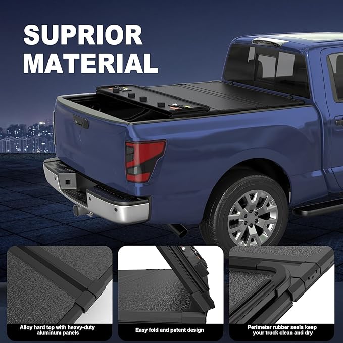 Aluminum Quad Hard Truck Bed Tonneau Cover Compatible for 2016-2024 Nissan Titan Fleetside 5.6 FT Bed On Top 67 inch+2X 60 Inch Light Strip 6500K White 3900LLM