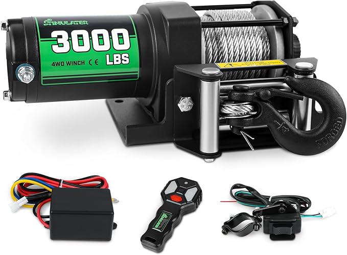 STIMULATER 3000lb ATV Winch,Electric Winch 12V,Steel Cable Winch, with Wireless Remote and Manual Switch, with Hawse Fairlead & Hook,IP67 Waterproof,Suitable for Most Trailers and ATV winchs