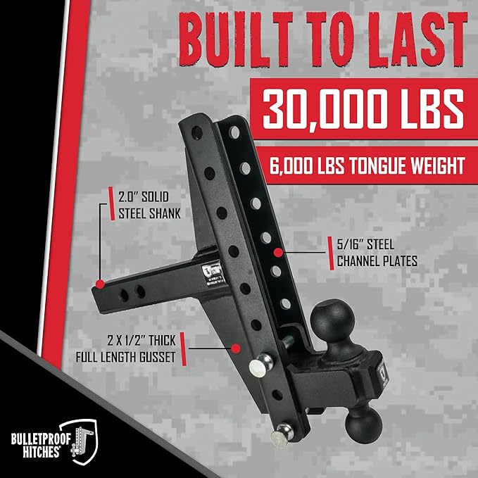 BulletProof Hitches - 2.0" Adjustable Extreme Duty Trailer Hitch (30,000 lb. Rating) - Offset 4" & 6" Drop/Rise with 2" and 2 5/16" Dual Ball - Powder Coat, Solid Steel, Corrosion-Resistant