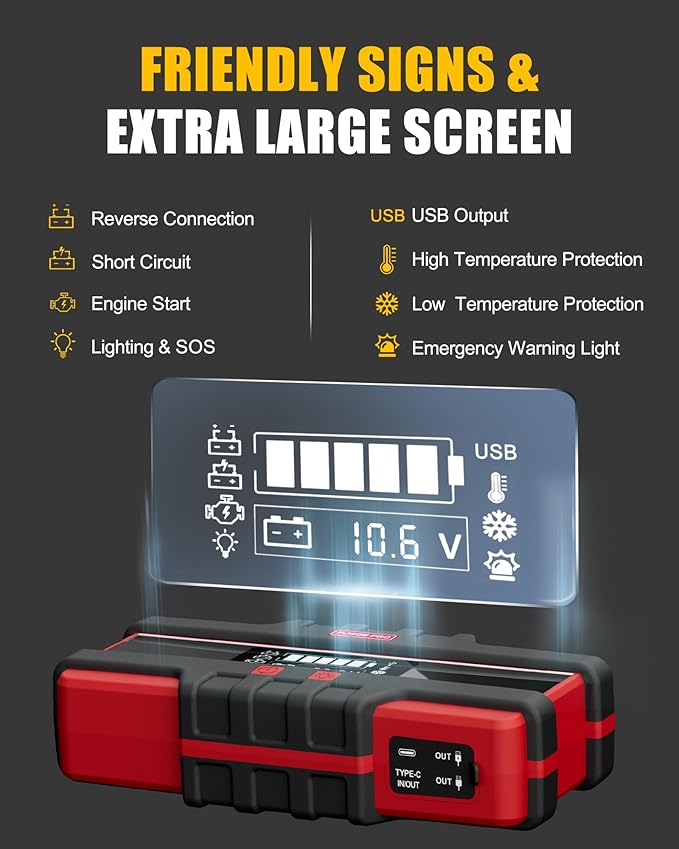 PJS06 Pro 6000A Car Jump Starter (All Gas & 12L Diesel), 74Wh Portable Power Bank with 40W Fast Charge, Smart LCD Voltage Display, Large Screen Warning Light, 10-Safety Protections