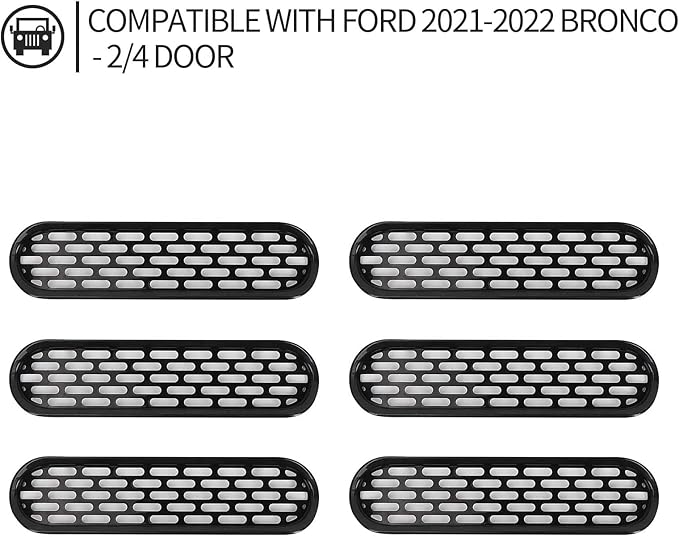 Front Grill Mesh Grille Inserts Cover Frame Trims Kit 6Pcs Fit for Ford Bronco 2021-2024 2/4 Door Exterior Accessories (Black)