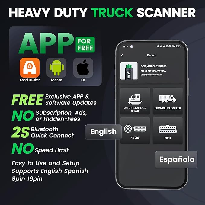 ANCEL HD200 Bluetooth Heavy Duty Truck Scanner, Speed Limit and Idle Reset for Cummins & Caterpillar Engines, J1939/J1708 Diesel Code Reader & All-System Diagnostic Tool, Lifetime Free Updates